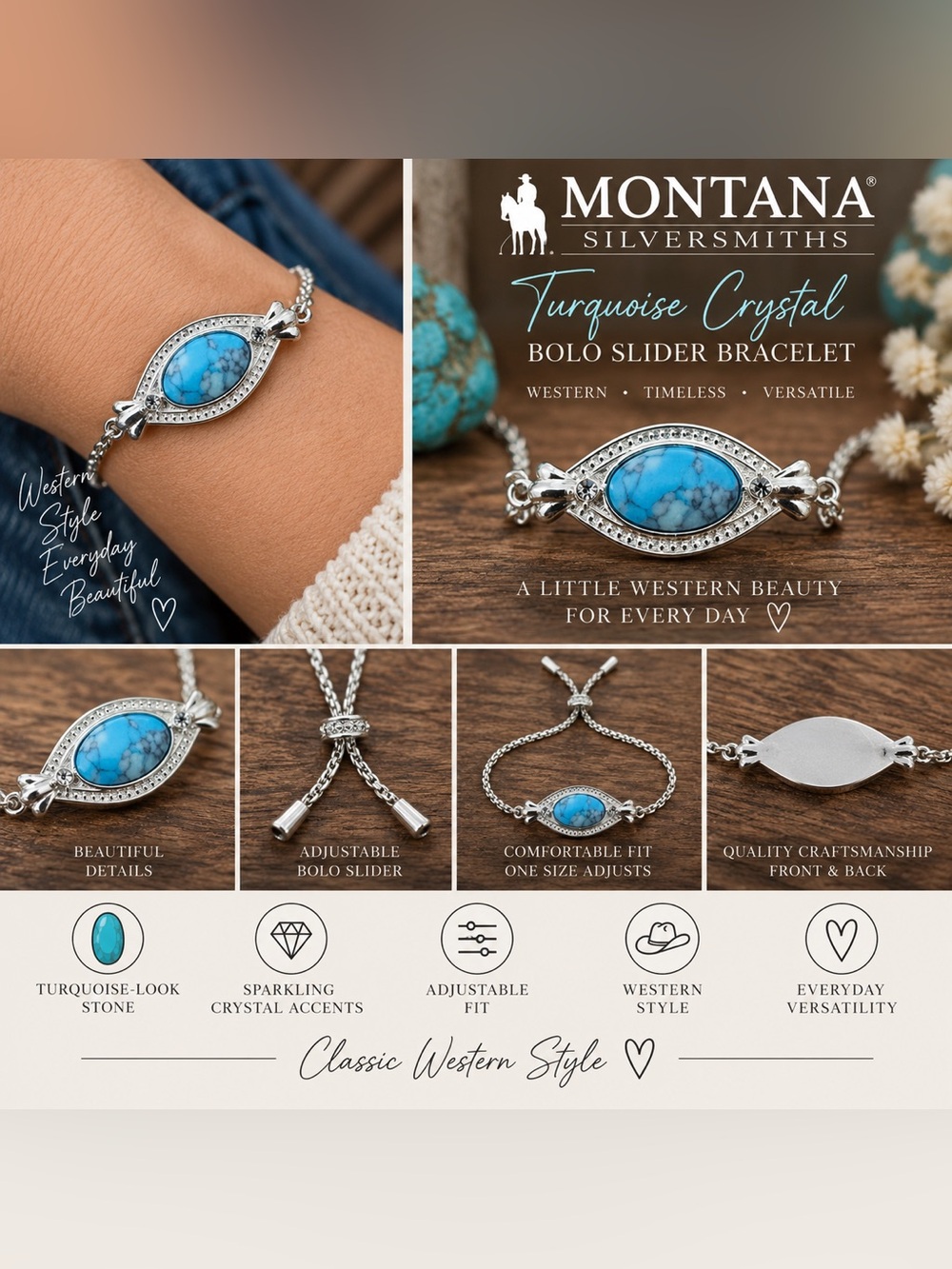 Montana Silversmiths Turquoise Crystal Bolo Slider Bracelet